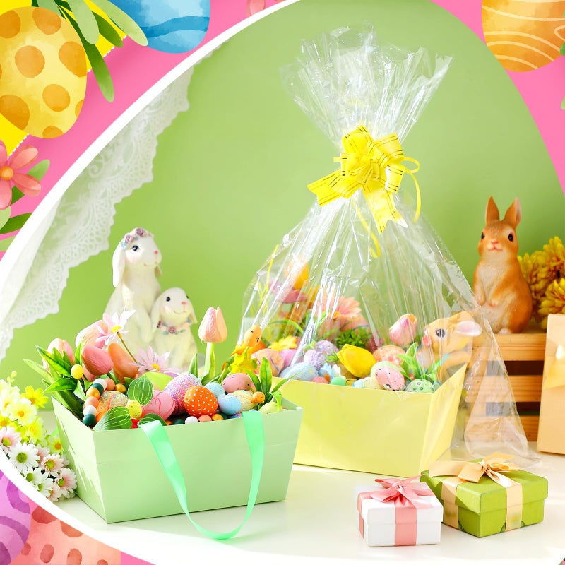 Funnymoom 24 Pcs Easter Basket for Gifts Empty Pink Blue Green Yellow Gift Basket Empty to Fill with Handle, Transparent Bag and Bow for Spring Easter Wedding Party Favor Supplies, 9.8 x 6.5 x 4.3'' - Image 2