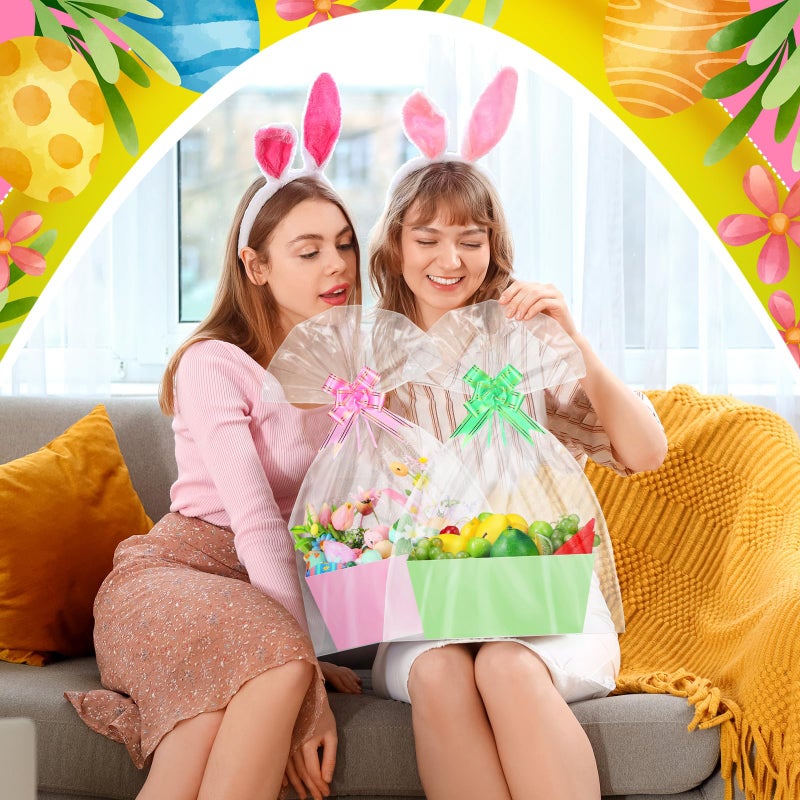 Funnymoom 24 Pcs Easter Basket for Gifts Empty Pink Blue Green Yellow Gift Basket Empty to Fill with Handle, Transparent Bag and Bow for Spring Easter Wedding Party Favor Supplies, 9.8 x 6.5 x 4.3'' - Image 5
