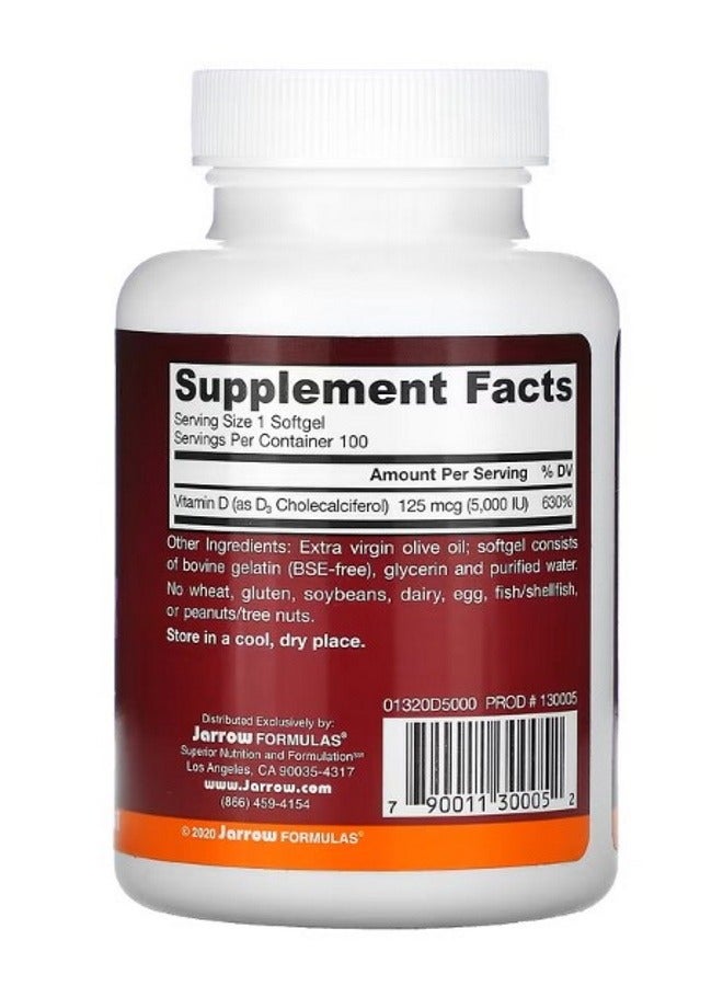 jarrow formulas Vitamin D3 Cholecalciferol 125 mcg 5000 IU 100 Softgels - Image 2