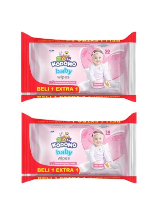 Kodomo Two Pcs Baby Wipes Rice Milk Pink Tisu Basah 50'S