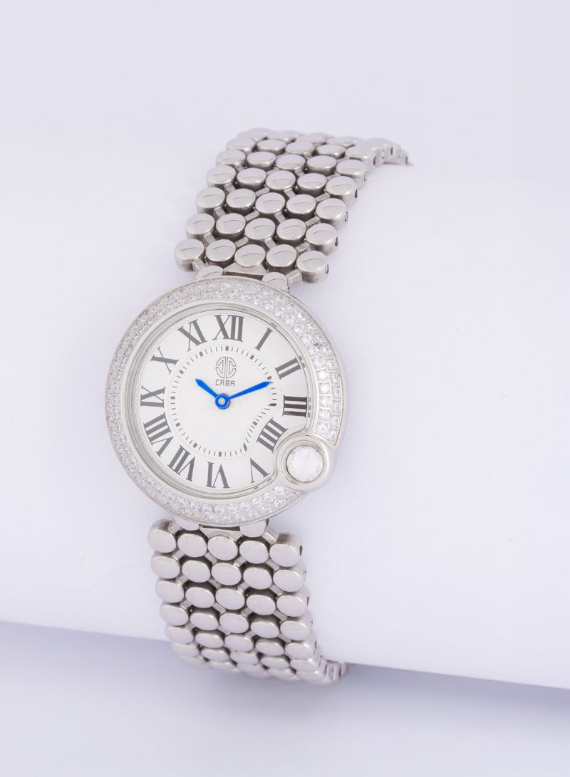 CABA Women's Watch, Elegant Design, Studded With Zircon Stones, White Dial And Roman Numbers, Water And Rust Resistant, Stainless Steel, Silver - 3106912SL - Image 1