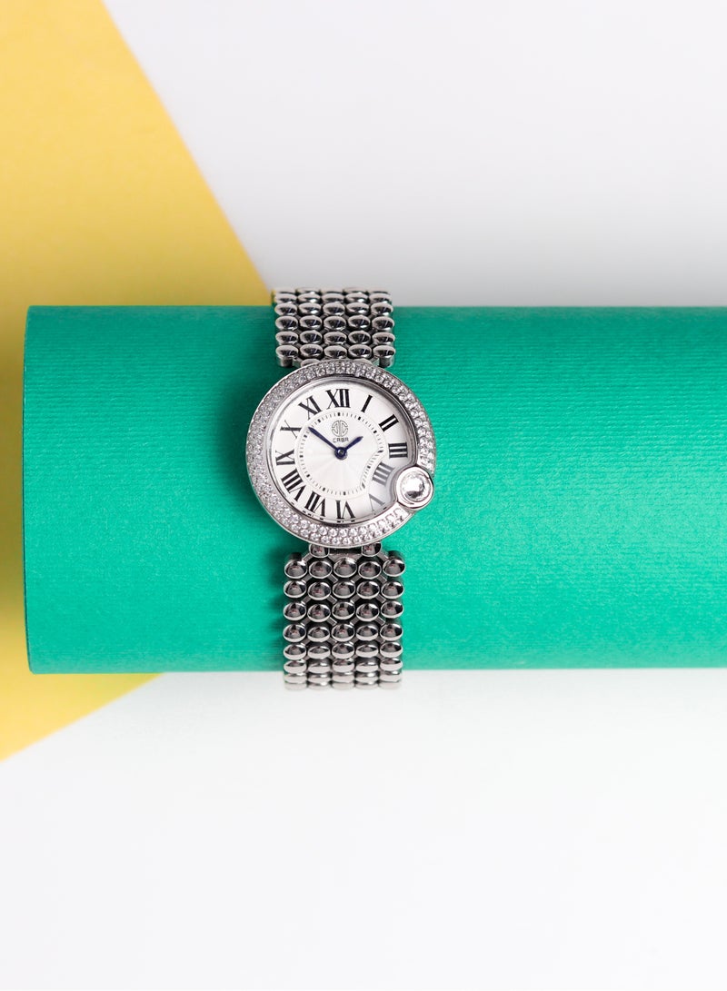 CABA Women's Watch, Elegant Design, Studded With Zircon Stones, White Dial And Roman Numbers, Water And Rust Resistant, Stainless Steel, Silver - 3106912SL - Image 4