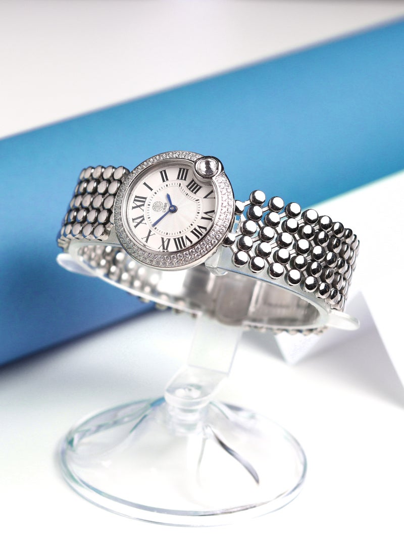 CABA Women's Watch, Elegant Design, Studded With Zircon Stones, White Dial And Roman Numbers, Water And Rust Resistant, Stainless Steel, Silver - 3106912SL - Image 5