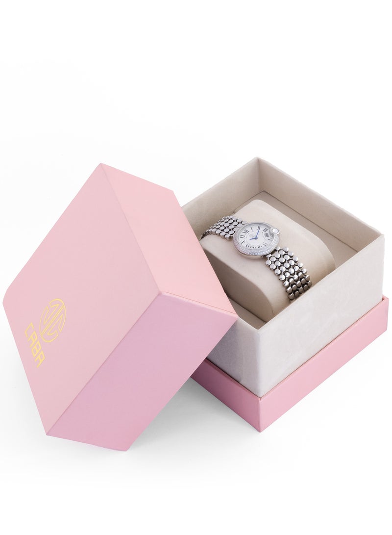 CABA Women's Watch, Elegant Design, Studded With Zircon Stones, White Dial And Roman Numbers, Water And Rust Resistant, Stainless Steel, Silver - 3106912SL - Image 2