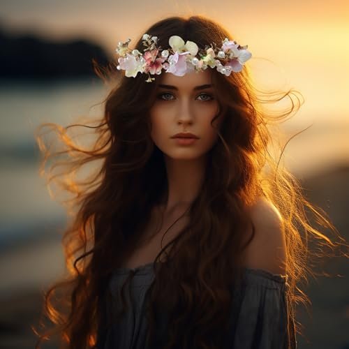 Vivivalue Women Floral Crown Boho Flower Headband Hair Wreath Floral Headpiece Halo with Ribbon Wedding Party Festival Photos - Image 2