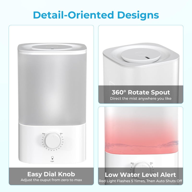 Electactic Top-Fill Cool Mist Bedroom Humidifier for Plants & Baby Nursery, 3.2L Large Capacity for up to 40H Runtime, Ultra Quiet <28dB, 3 IN 1, 5Î¼m Fine Mist, BPA-Free for Living Room, Desk, Office - Image 4