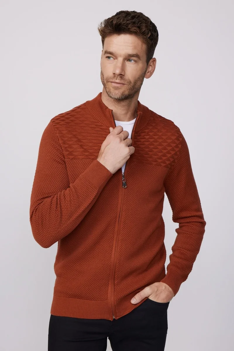 Tudors Patterned Half Turtleneck Zippered Cinnamon Men's Cardigan