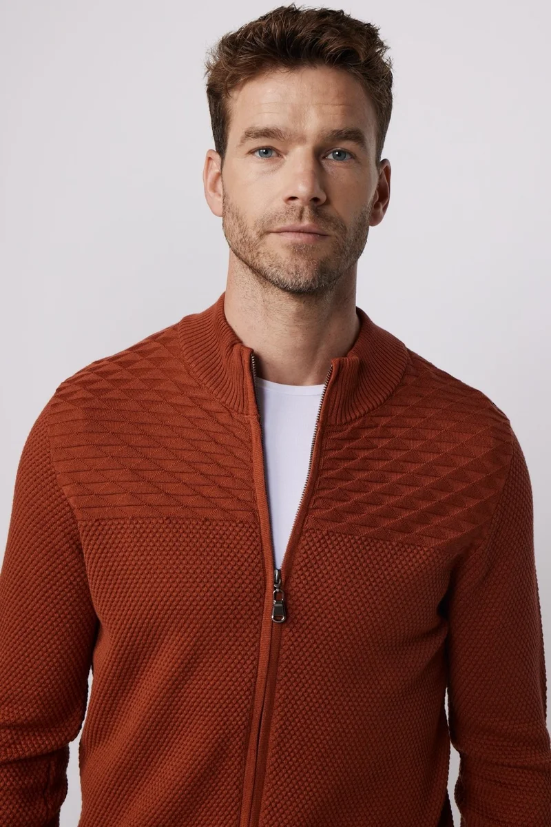 Tudors Patterned Half Turtleneck Zippered Cinnamon Men's Cardigan