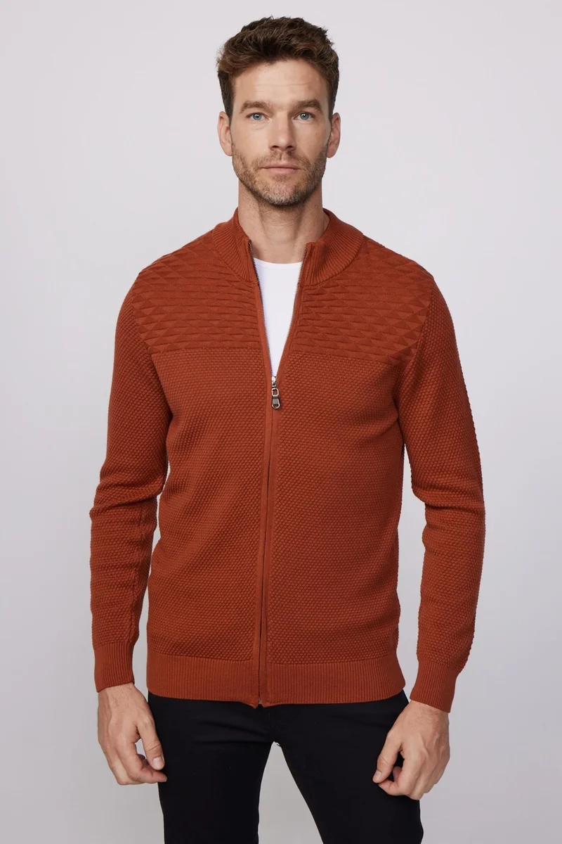 Tudors Patterned Half Turtleneck Zippered Cinnamon Men's Cardigan