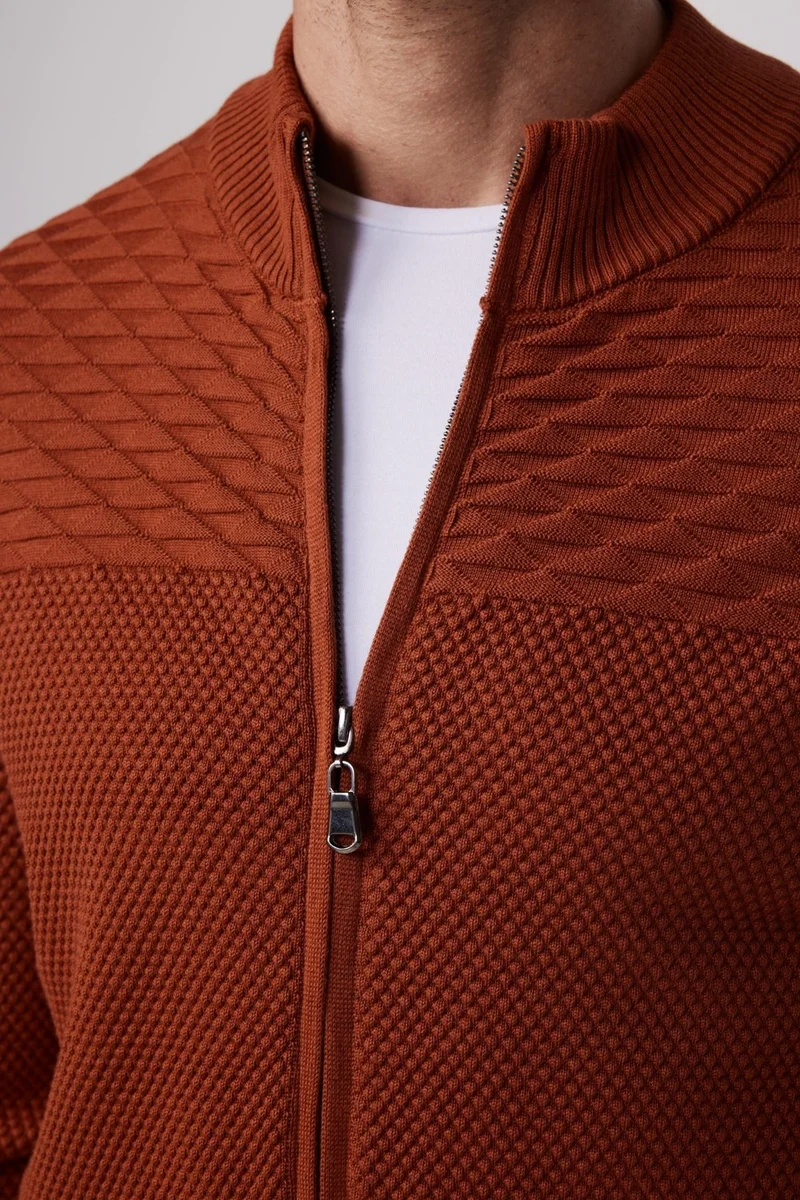 Tudors Patterned Half Turtleneck Zippered Cinnamon Men's Cardigan