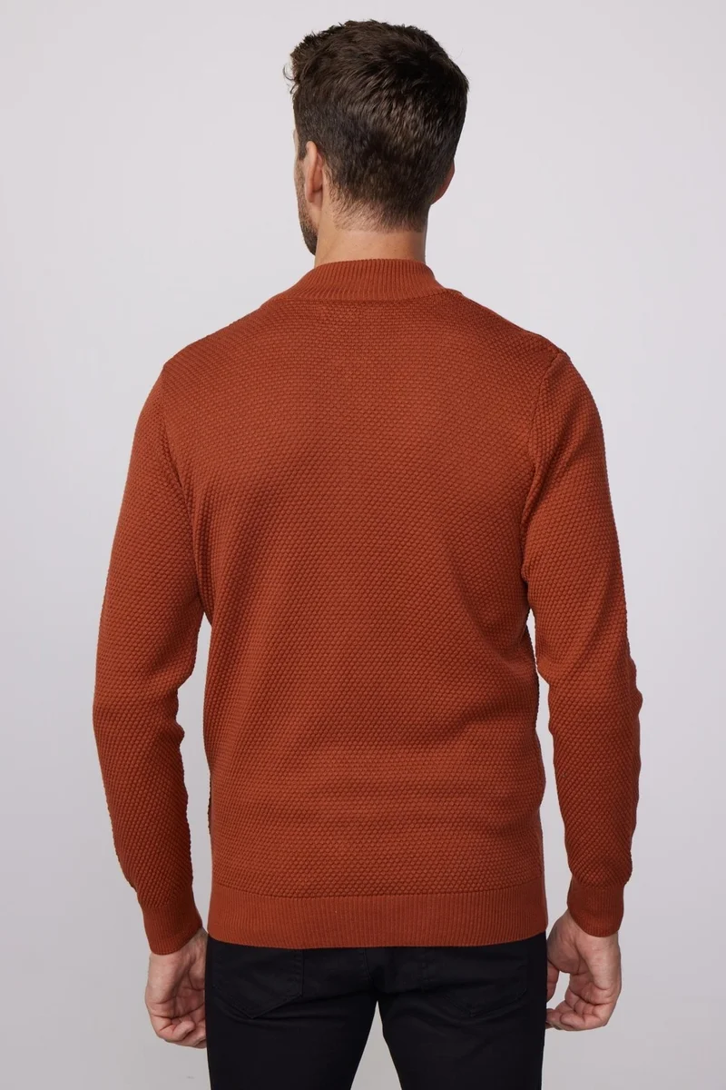 Tudors Patterned Half Turtleneck Zippered Cinnamon Men's Cardigan