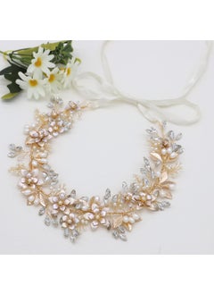 Oriamour Oriamour Wedding Headband Bridal Headpiece Flower Design With Genuine Freshwater Pearls And Ribbons Hair Accessories For Bride (Gold) 