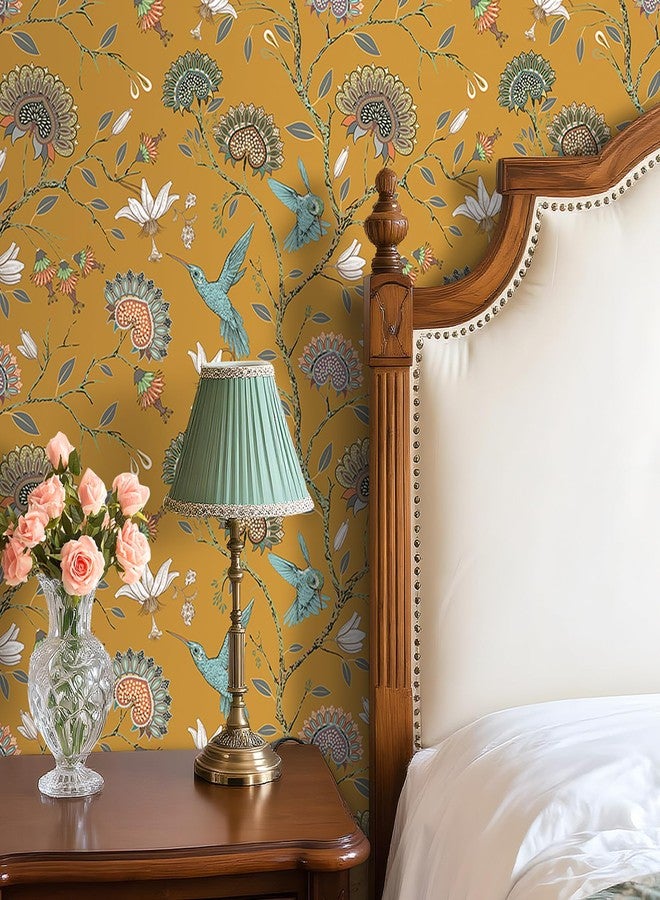 Livelynine 17.5x276" Kitchen Wallpaper Peel and Stick Waterproof Chinoiserie Wallpaper Self Adhesive Vintage Dark Yellow Gold Floral Bird Wallpaper for Bathroom Removable Contact Paper for Cabinets - Image 5