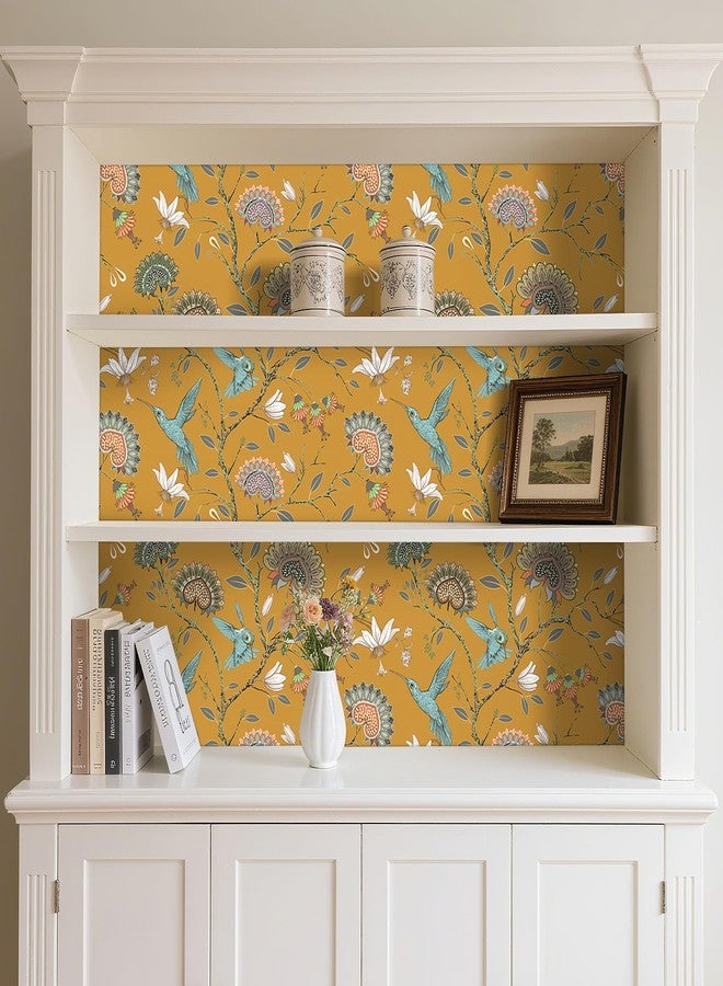 Livelynine 17.5x276" Kitchen Wallpaper Peel and Stick Waterproof Chinoiserie Wallpaper Self Adhesive Vintage Dark Yellow Gold Floral Bird Wallpaper for Bathroom Removable Contact Paper for Cabinets - Image 4