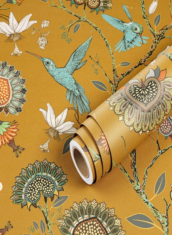 Livelynine 17.5x276" Kitchen Wallpaper Peel and Stick Waterproof Chinoiserie Wallpaper Self Adhesive Vintage Dark Yellow Gold Floral Bird Wallpaper for Bathroom Removable Contact Paper for Cabinets - Image 1