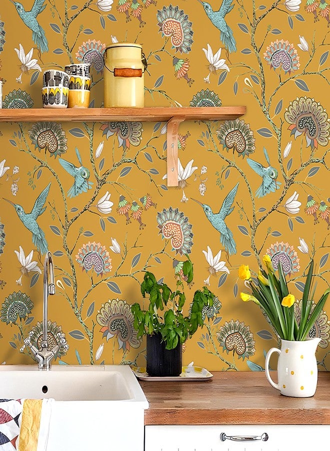 Livelynine 17.5x276" Kitchen Wallpaper Peel and Stick Waterproof Chinoiserie Wallpaper Self Adhesive Vintage Dark Yellow Gold Floral Bird Wallpaper for Bathroom Removable Contact Paper for Cabinets - Image 2