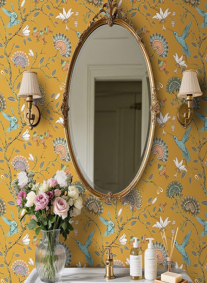 Livelynine 17.5x276" Kitchen Wallpaper Peel and Stick Waterproof Chinoiserie Wallpaper Self Adhesive Vintage Dark Yellow Gold Floral Bird Wallpaper for Bathroom Removable Contact Paper for Cabinets - Image 3