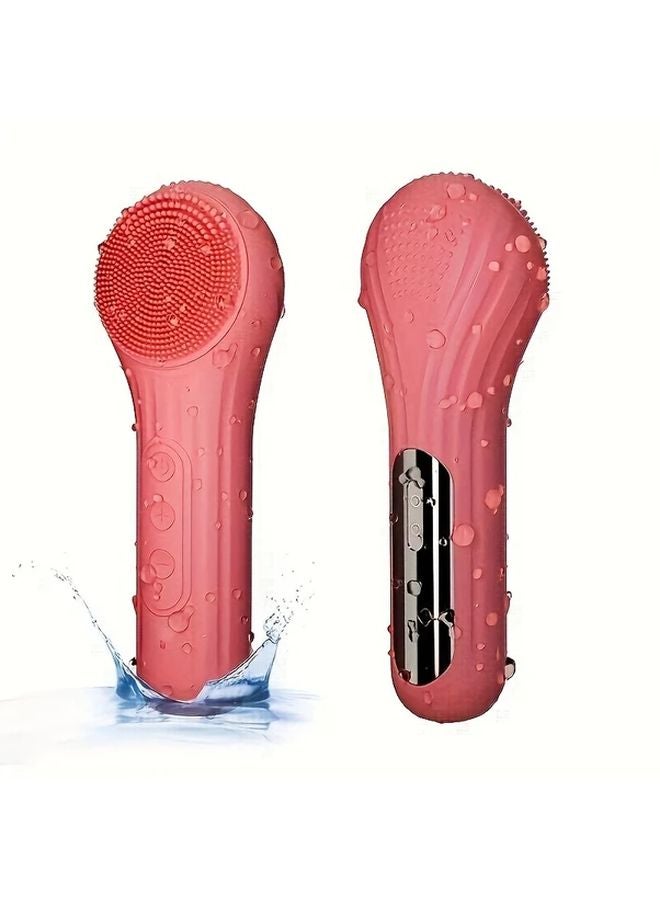 Rose Red NIJ Facial Cleansing Brush With Silicone Bristles Vibrating Massage USB Rechargeable - Image 1