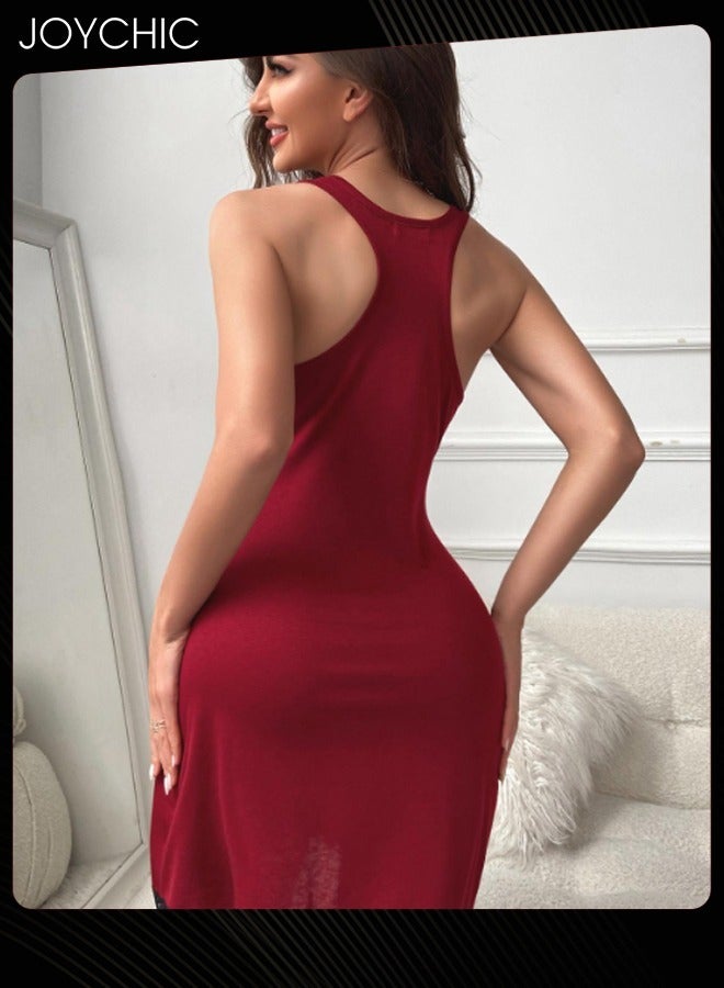 Joychic Polyester Fashionable Summer Home Wear for Women Lace Stitching Suspender Nightgown Breathable Comfotable Night Dress Burgundy - Image 3