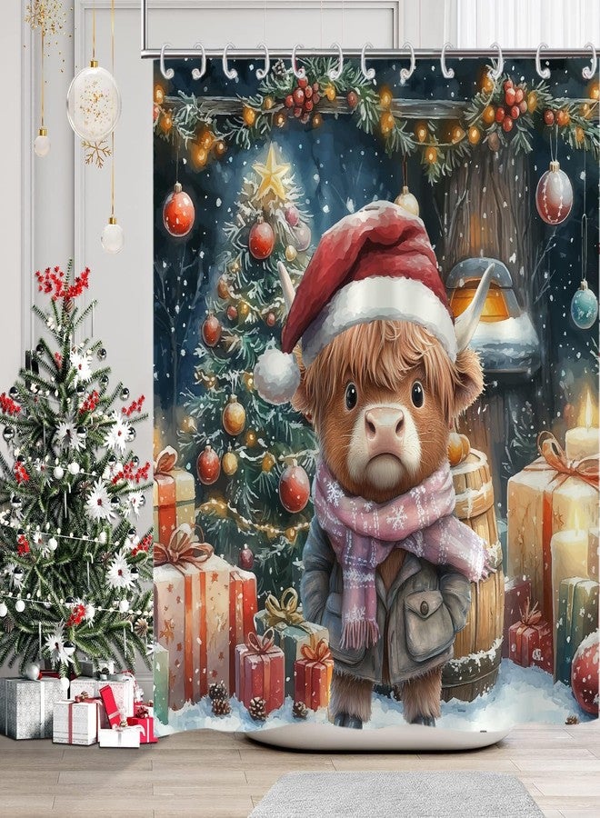 Hajmsug Christmas Shower Curtain Funny Highland Cow Farmhouse Red Christmas Hat Xmas Tree Gift Snowflake Shower Curtains Set Polyester Fabric Xmas Barrel Coloured Lantern Bathroom Shower Curtain 71x71 Inch - Image 1