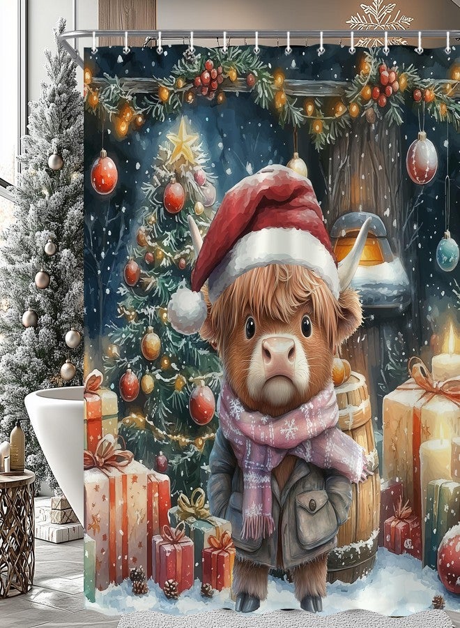 Hajmsug Christmas Shower Curtain Funny Highland Cow Farmhouse Red Christmas Hat Xmas Tree Gift Snowflake Shower Curtains Set Polyester Fabric Xmas Barrel Coloured Lantern Bathroom Shower Curtain 71x71 Inch - Image 2