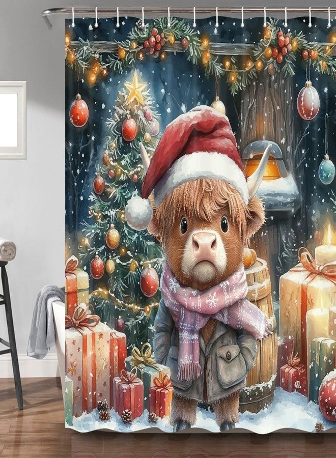 Hajmsug Christmas Shower Curtain Funny Highland Cow Farmhouse Red Christmas Hat Xmas Tree Gift Snowflake Shower Curtains Set Polyester Fabric Xmas Barrel Coloured Lantern Bathroom Shower Curtain 71x71 Inch - Image 3