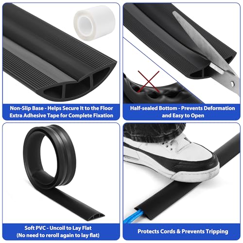 ZhiYo Floor Cord Cover 4ft, Cord Hider Floor Hide Extension Cords, Cable Management Prevent Cable Trips, Floor Cable Cover Wire Covers for Cords, Cable Protector Cord Cavity W0.6in H0.32in Black - Image 2