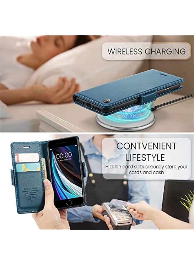 حافظة جلدية متينة لهواتف آيفون 6\/7\/8\/SE2\/SE3 مع تقنية RFID للحماية اللاسلكية وحامل بطاقات - للرجال والنساء - مغناطيس الإغلاق - مقاومة للصدمات - حامل للوقوف - لون أزرق. - Image 5