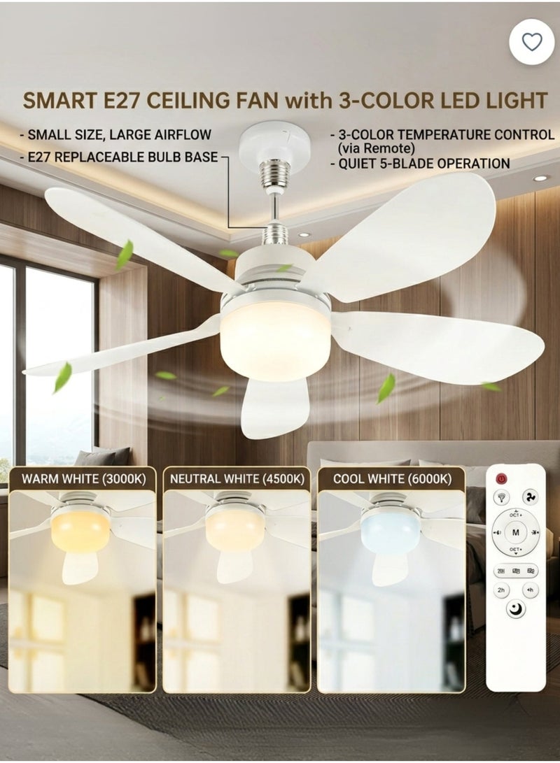 MODI 25W Small Ceiling Fan with Light & Remote | 3-Speed Quiet Fan Lamp Fixture | E27 Socket Easy Install | Adjustable Brightness & 3-Color Ceiling Light Fan for Bedroom, Living Room, Kitchen - Image 1