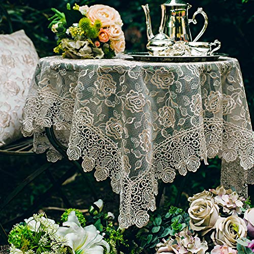 SUTAVIA Lace Tablecloth Embroidered Lace Table Cover for Square Small Table Classic Dustproof Table Protector for Kitchen Dining Room Party Wedding Banquet Home Decoration (Gold, 33"×33") - Image 1