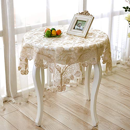 SUTAVIA Lace Tablecloth Embroidered Lace Table Cover for Square Small Table Classic Dustproof Table Protector for Kitchen Dining Room Party Wedding Banquet Home Decoration (Gold, 33"×33") - Image 2