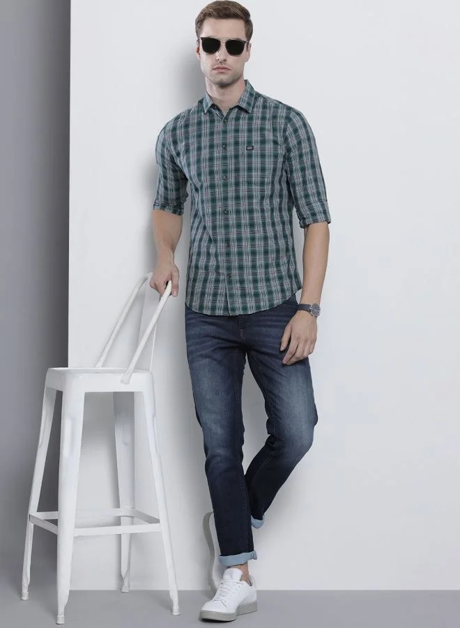 شركة المرآب الهندية Men Slim Fit Checkered Full Sleeves Spread Collar Casual Shirt