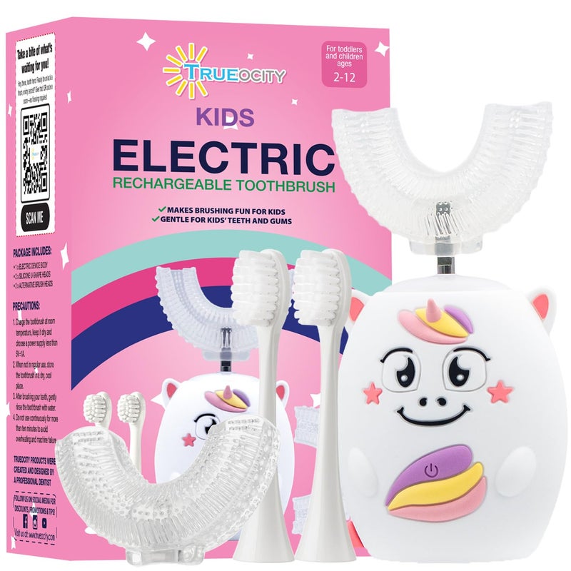 Trueocity Kids U Shape Toothbrush Auto Electric Toddler Rechargeable Kids Automatic Toothbrush 360 UShaped Silicone Brush Head Gentle Cleaning for Ages 27 Unicorn Design Pink