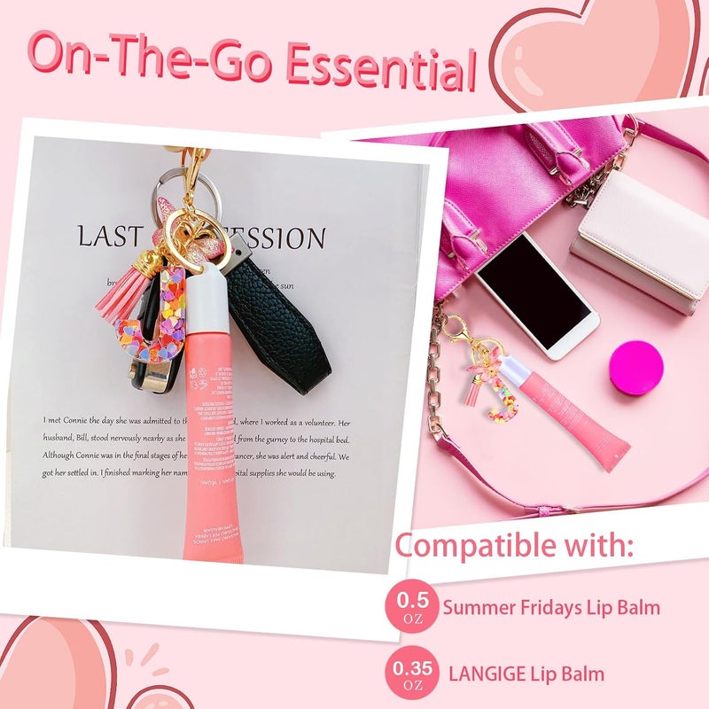2 قطعة من أغطية مفاتيح لعطلات نهاية الأسبوع الصيفية، من ماركة Glossier، تحتوي على بلسم شفاه وحلقات مزينة بحروف أولية لحمل أحمر الشفاه. - Image 3