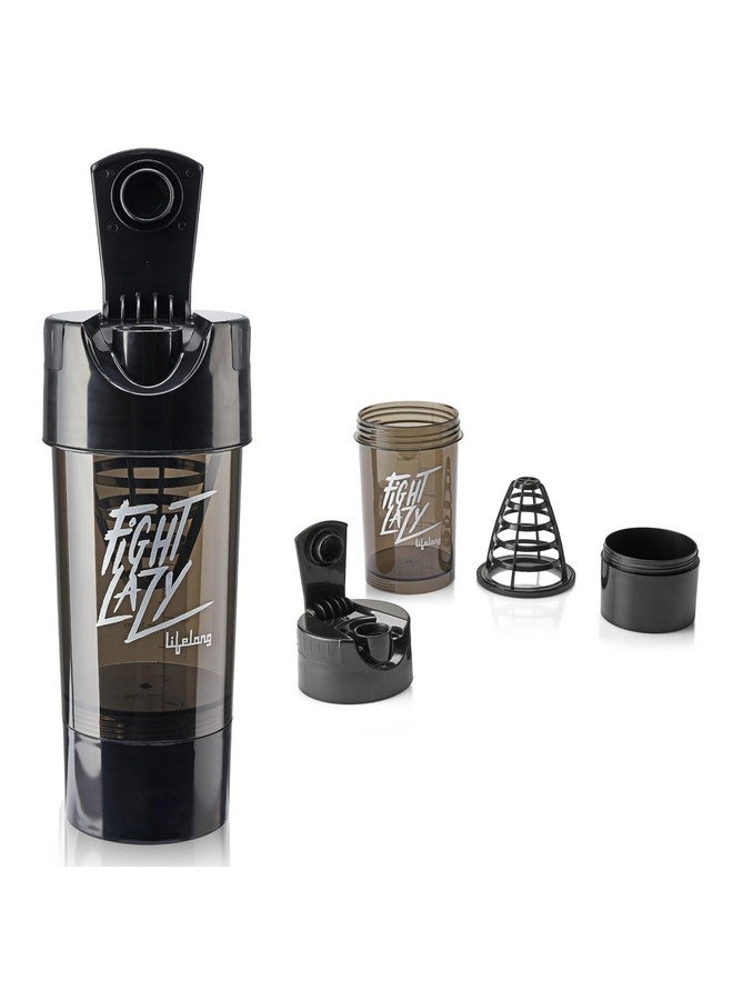 Lifelong Protein Shaker|100% Leakproof Stylish Protein Shaker Bottle with Extra Compartment|BPA Free Sipper Bottle|Gym Bottle for Protein- 500ml (LLSHB02, Black),Plastic - Image 1