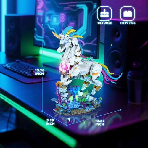 Brihappen Rainbow Unicorn Model Building Set for Adults Cool Horse Animal Model with Light STEM Toy Building Set Home Office Decor Creative Birthday Gifts1419 Pieces - Image 5