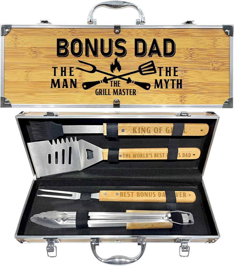 Taesun Christmas Bonus Dad Gifts from Bonus Daughter Heavy Duty Wooden BBQ Grilling Accessories Kit for Backyard, Thick Stainless Steel Grill Utensils with Non-Slip Handle Tools in Portable Bag - Image 1