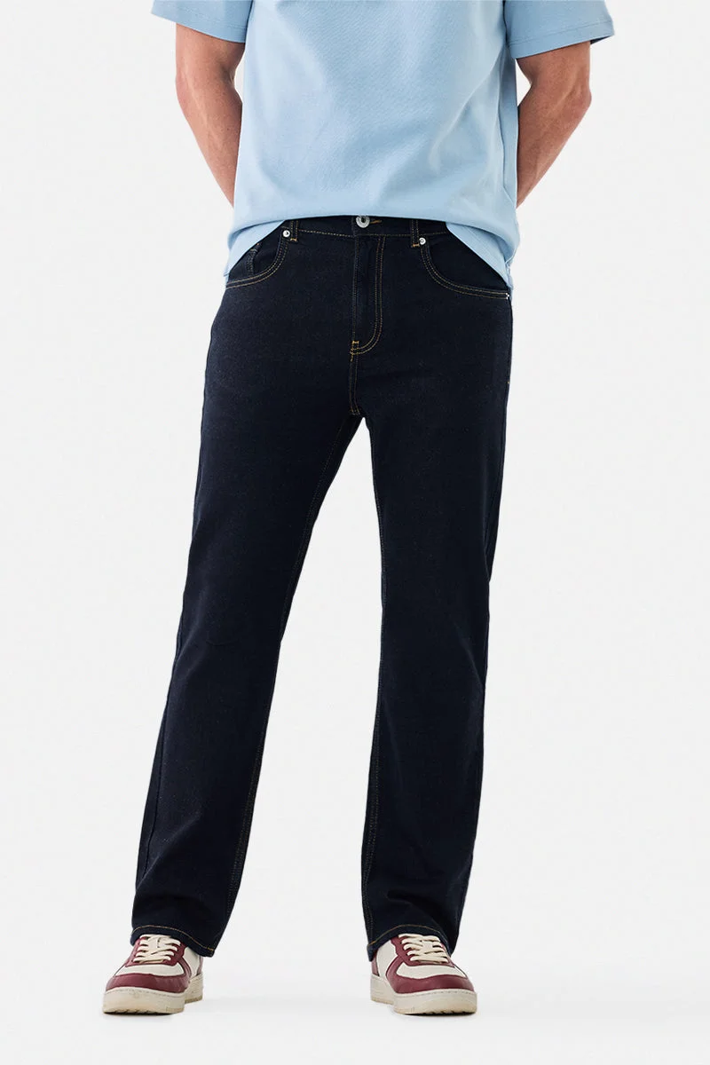 Dark Blue Solid Straight Fit Casual Jeans