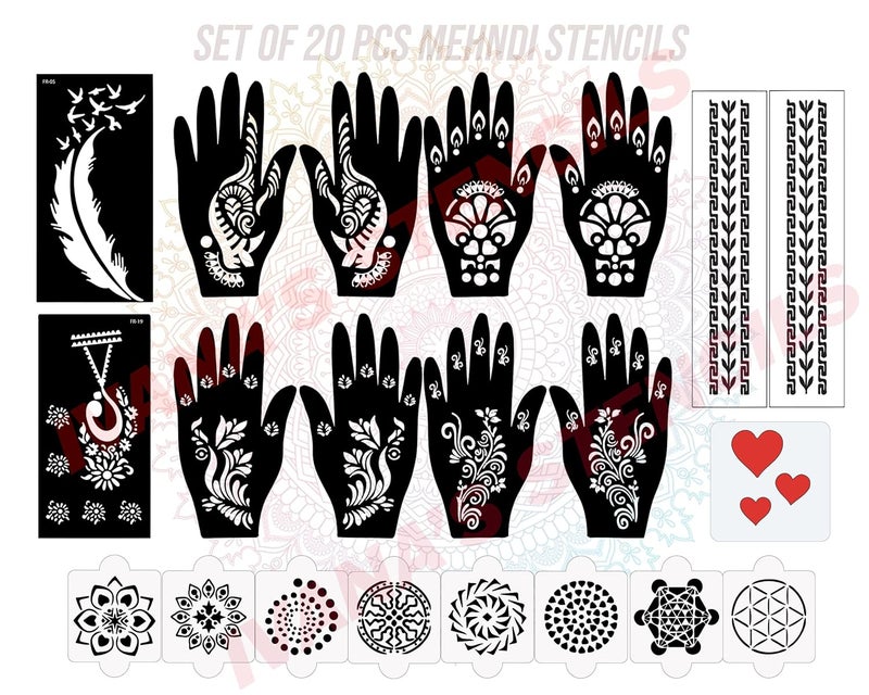 ivana's Ivanas Set of 20 Pcs Combo Pack Reusable Mehandi Design Sticker Stencils for Both Hand  Mehendi Design Stencils  Quick and Easy to Use for Girls Women Kids  Teen D2127 - Image 1