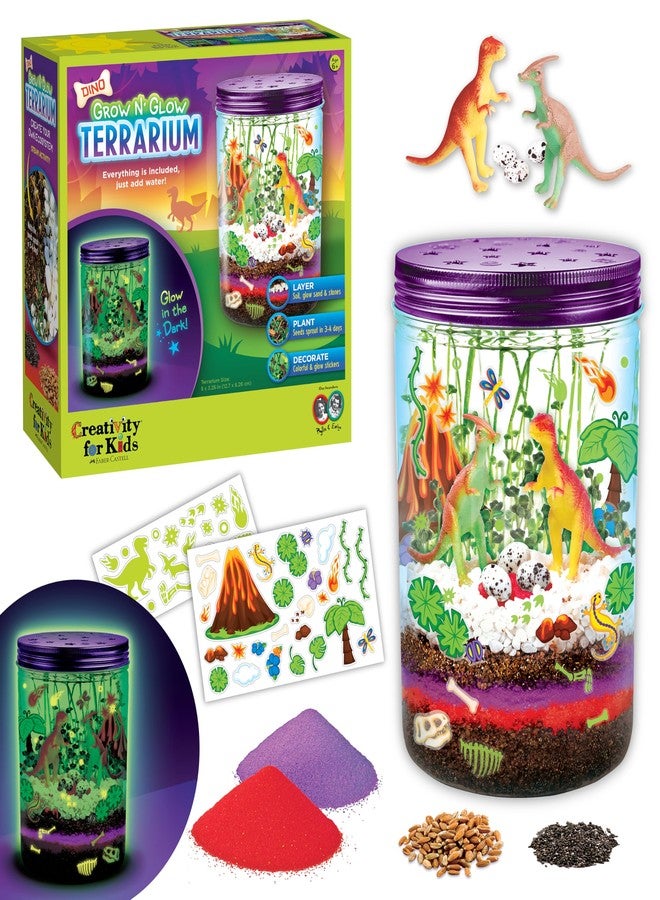 Creativity for Kids Grow N Glow Dinosaur Terrarium Kit | Create, Plant & Grow a Prehistoric Habitat | DIY Terrarium Kit with Glow-in-The-Dark Stickers & Dino Toys | STEM Science Kit (Ages 6+) - Image 1