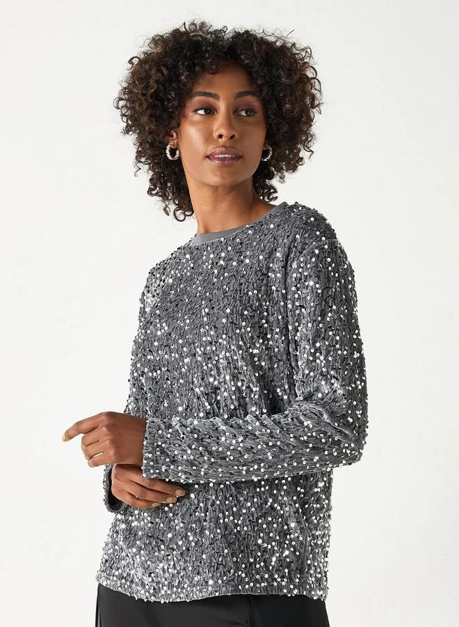 2Xtremz 2Xtremz Sequin Embellished Top with Crew Neck and Long Sleeves
