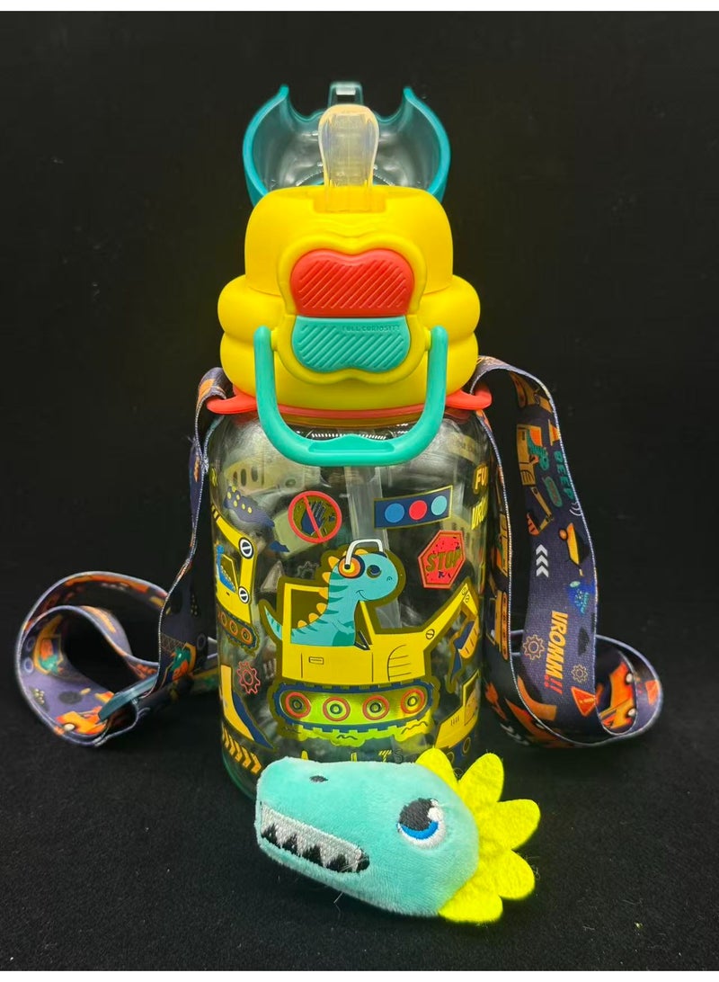 Five dream house 600ML Dinosaur Engineering Vehicle Kids Water Bottle For School, Sippy Cup with Straw, Dual Drink Design with Free Magnetic Plush Toy Brooch - Image 4