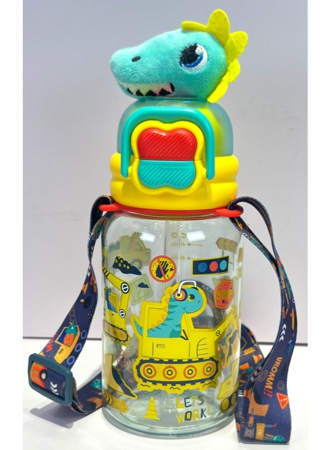 Five dream house 600ML Dinosaur Engineering Vehicle Kids Water Bottle For School, Sippy Cup with Straw, Dual Drink Design with Free Magnetic Plush Toy Brooch - Image 1