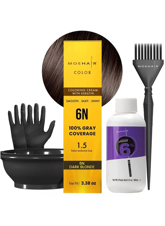 MoeHair Hair Coloring Kit | 6N Permanent Hair Color (Dark Blonde), 20 Volume Developer 6%, Coloring Brush, Gloves & Mixing Bowl | Keratin Infused Color | 100% Gray Coverage | Adds Shines & Softness - Image 1