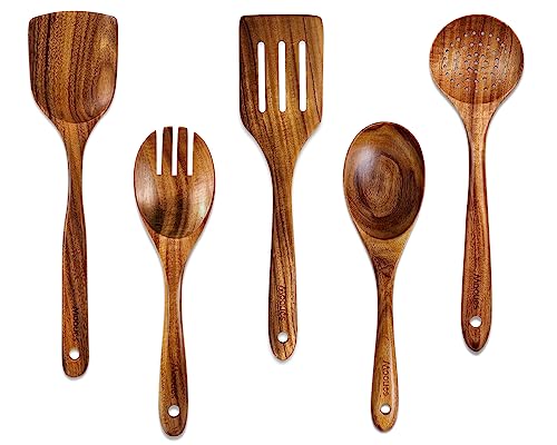 Mooues Wooden Spoons for Cooking, 5 Pcs Wooden Utensils for Cooking Natural Teak Wooden Kitchen Utensils Set - Image 1
