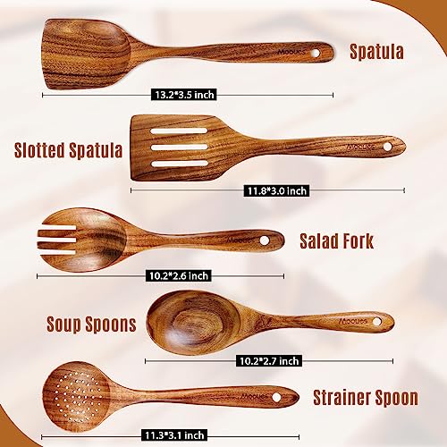 Mooues Wooden Spoons for Cooking, 5 Pcs Wooden Utensils for Cooking Natural Teak Wooden Kitchen Utensils Set - Image 5