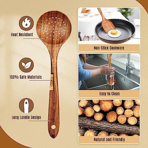 Mooues Wooden Spoons for Cooking, 5 Pcs Wooden Utensils for Cooking Natural Teak Wooden Kitchen Utensils Set - Image 2