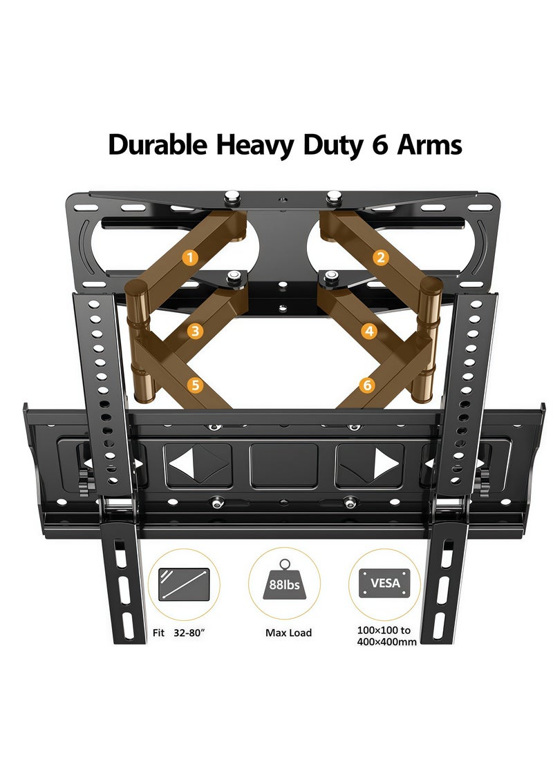 ​​Full Motion TV Wall Mount for 32-80 Inch LED LCD OLED TVs, 40kg Capacity, VESA 400x400mm, Swivel Tilt Extension Bracket, Space Saving Design​