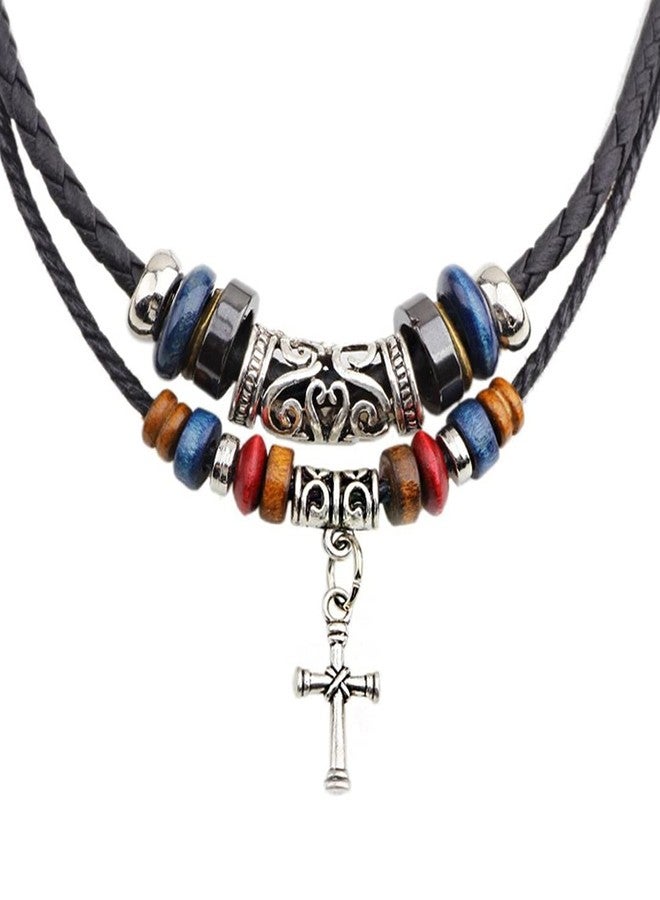 CCBFY Braided Leather Necklace Vintage Style Double Layers Black Tribal Necklace with Charm Cross Pendant Black Cross - Image 1