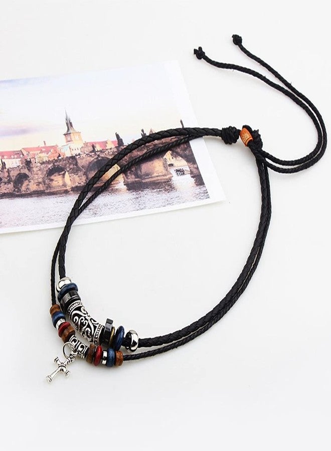 CCBFY Braided Leather Necklace Vintage Style Double Layers Black Tribal Necklace with Charm Cross Pendant Black Cross - Image 2